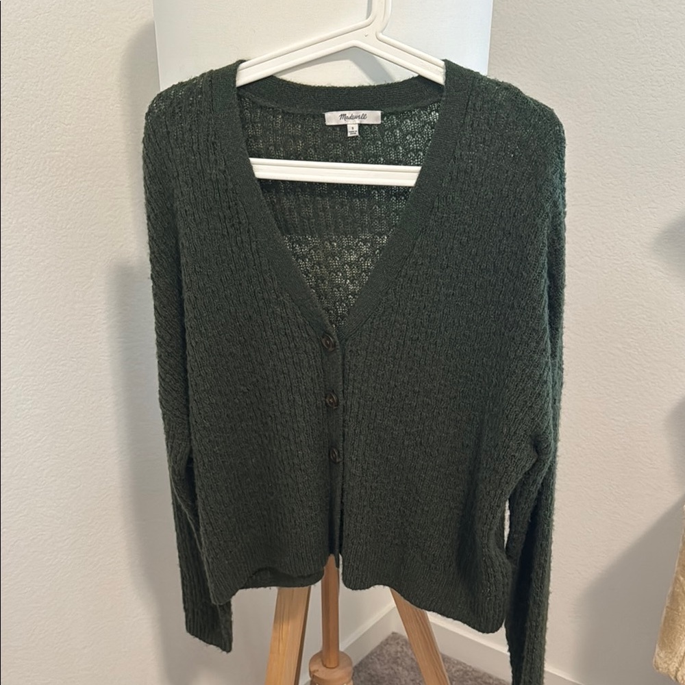 Madewell Dark Forest Green Cardigan with Deep V-Neck and Tie Closure
